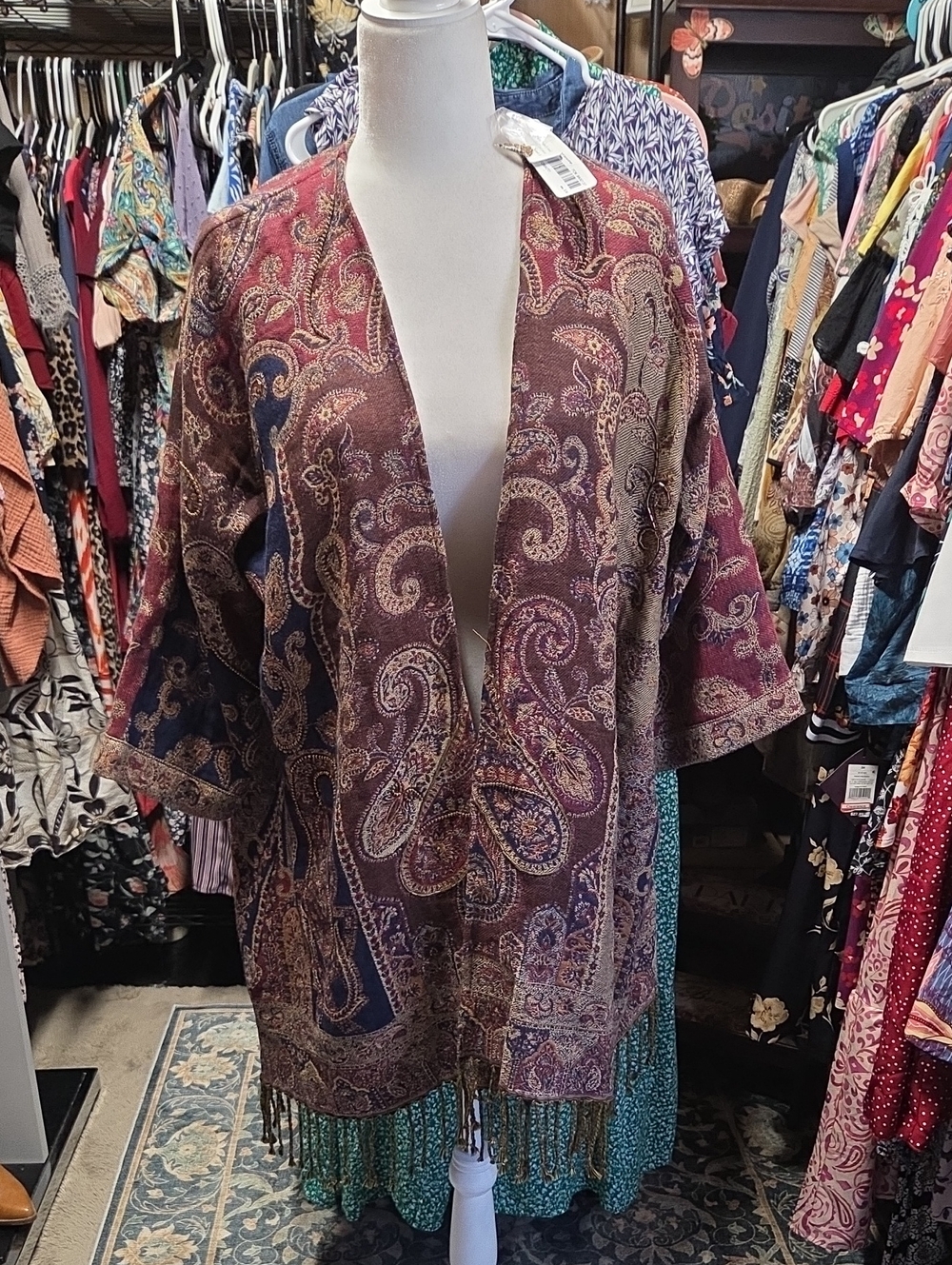 Soft Surroundings Burgundy and Navy Paisley Fringe Kimono
